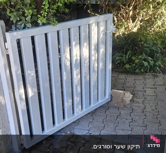 שער מתכת לבן בכניסה לגינה